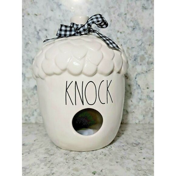 Rae‎ Dunn "KNOCK" Ceramic Acorn Bird House by Magenta- 2020 Gingham Ribbon NEW - Picture 1 of 5
